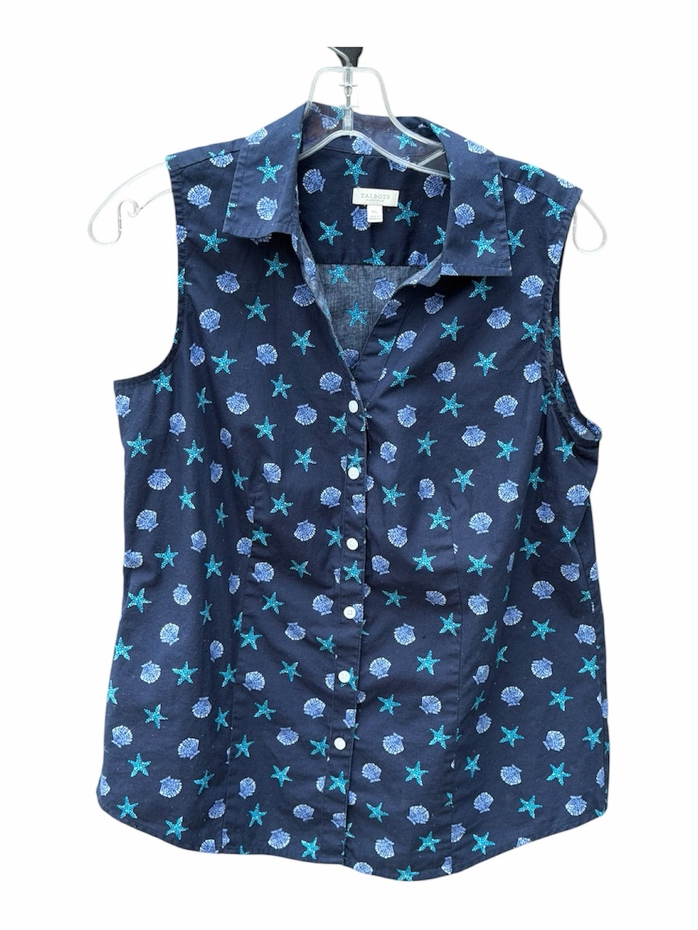 Talbots Navy Blue Button down Top w/ Aqua & Light Blue Starfish Motif - Beach